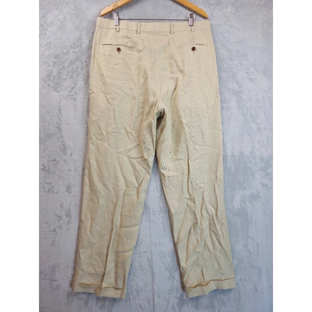 Brooks Brothers 38x32 Khaki Tan 100% Irish Linen Pleated Cuff High Waist Pants